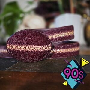Vintage 90s Stingray Leather Belt Burgundy Oval Buckle Western Cowboy